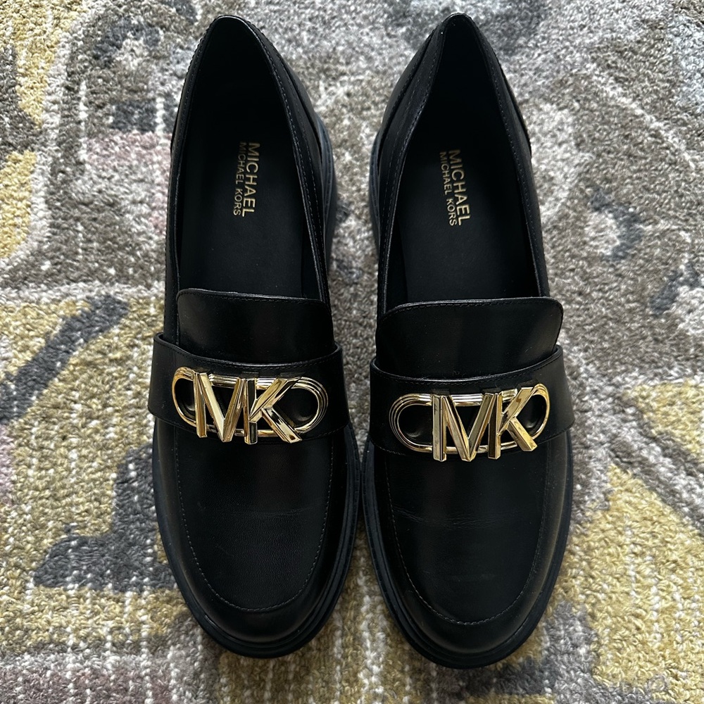 Michael Kors Black Parker Loafers with Gold Emblem- Leather Upper- NWOT
